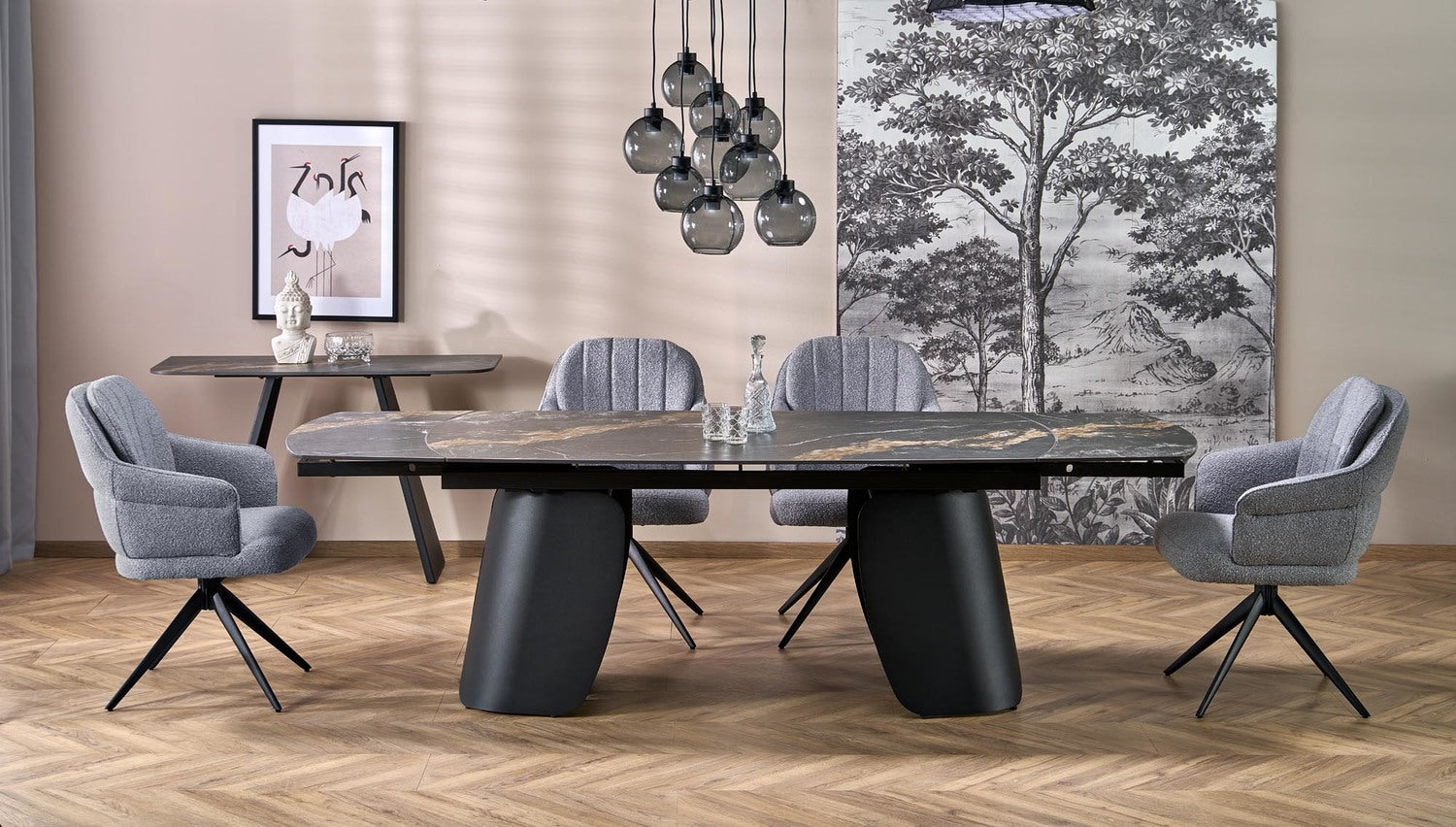 Stół rozkładany blat ze spieku optyka czarny marmur na stalowych nogach