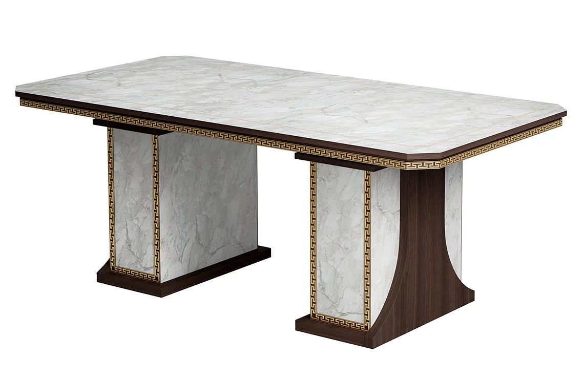 Włoski stół 200 cm do jadalni Arredoclassic Romantica optyka marmur Carrara i orzech, ze złotymi detalami i motywem meandra