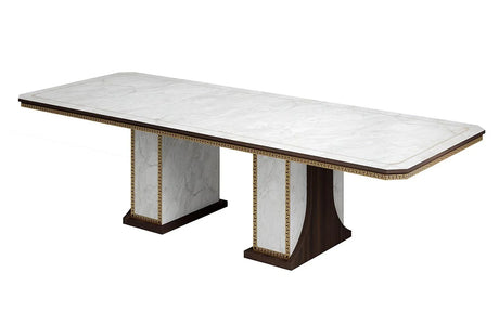 Włoski stół rozkładany do jadalni Arredoclassic Romantica optyka marmur Carrara i orzech, ze złotymi detalami i motywem meandra