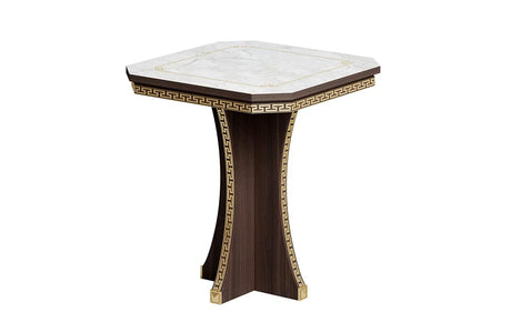 Włoski stolik kawowy 60 cm Arredoclassic Romantica optyka marmuru Carrara i orzecha, ze złotymi detalami i dekoracyjną podstawą