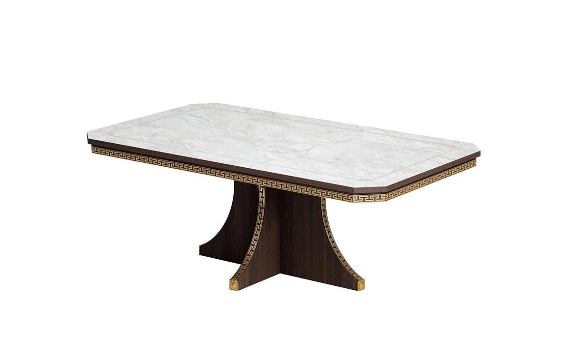 Włoski stolik kawowy Arredoclassic Romantica 140 cm optyka marmuru Carrara i orzecha, ze złotymi detalami i dekoracyjną podstawą