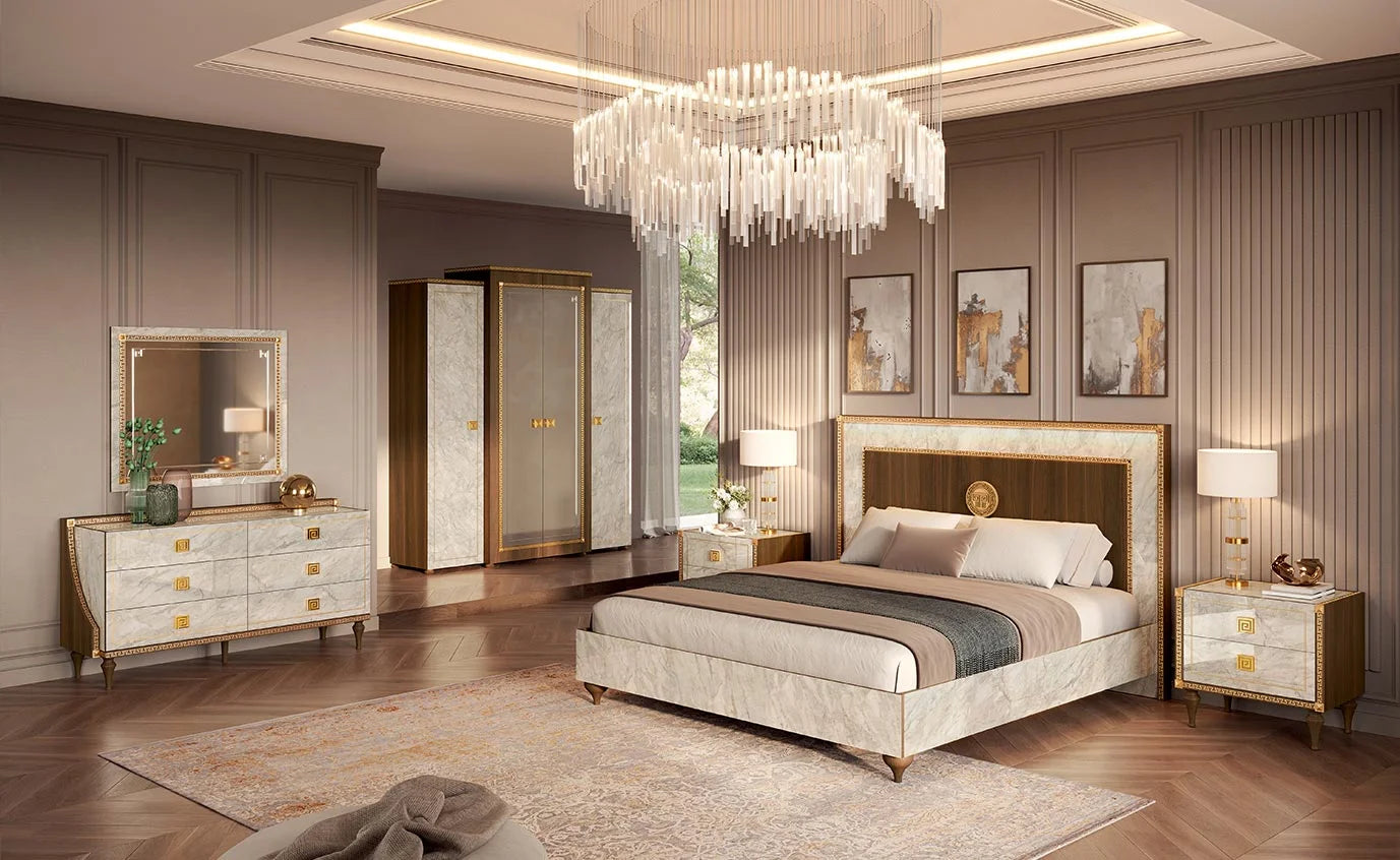 Włoska szafka nocna Arredoclassic Romantica z marmuru Carrara i orzecha, ze złotymi uchwytami i dwiema szufladami