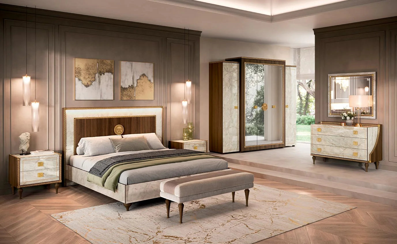 Włoska szafa Arredoclassic Romantica z marmuru Carrara i orzecha, z lustrem, szufladami i złotymi uchwytami