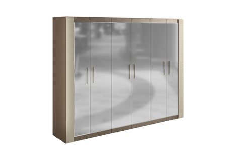 Włoska szafa Linea 6-drzwiowa z lustrzanymi frontami i prążkowanymi bokami, uchwyty w kolorze brązu