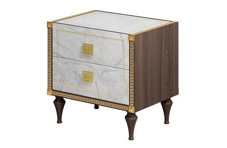 Włoska szafka nocna Arredoclassic Romantica z marmuru Carrara i orzecha, ze złotymi uchwytami i dwiema szufladami