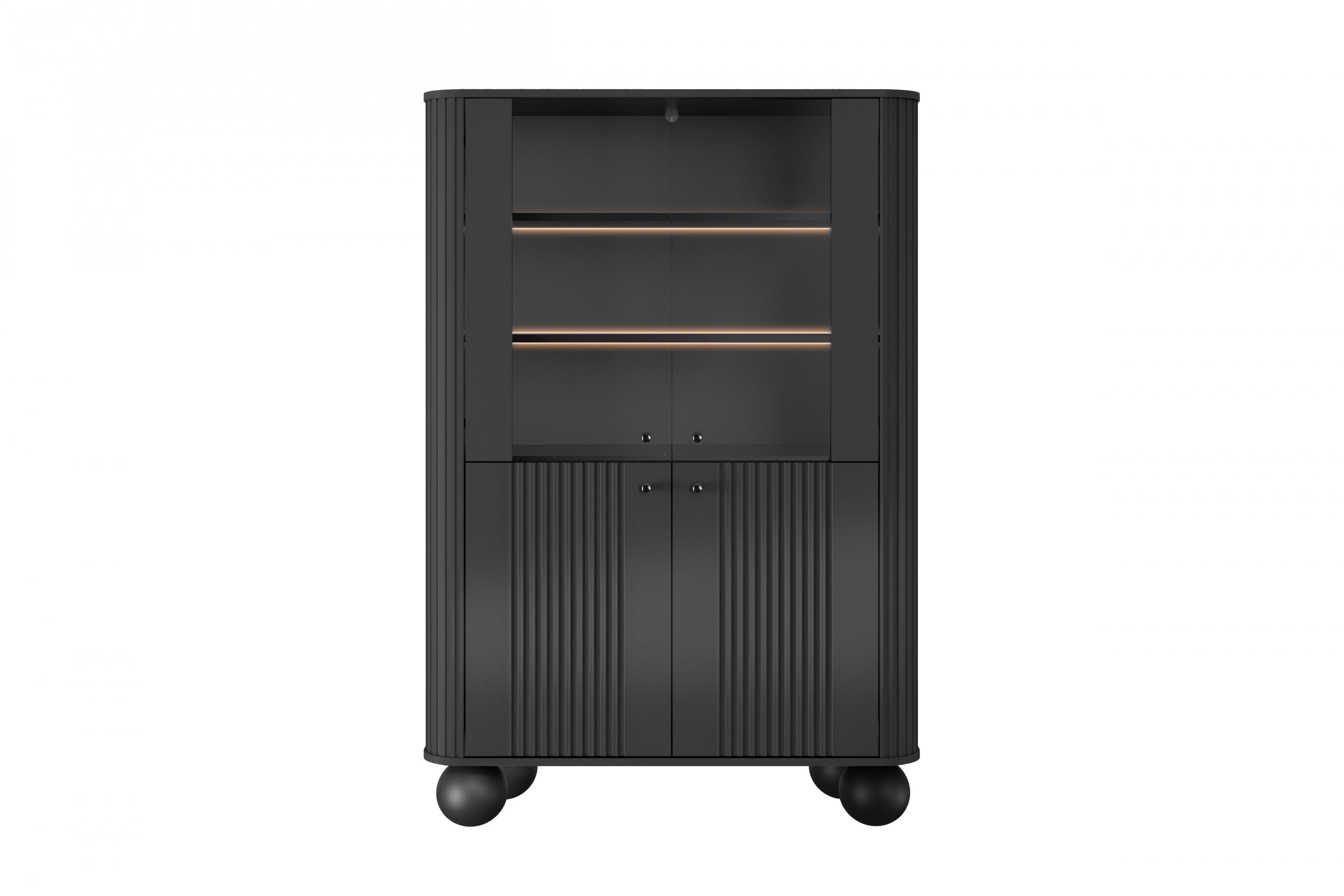 Czarna witryna Vesper z ryflowanymi frontami, przeszkloną częścią z LED, nowoczesny i elegancki mebel do salonu.