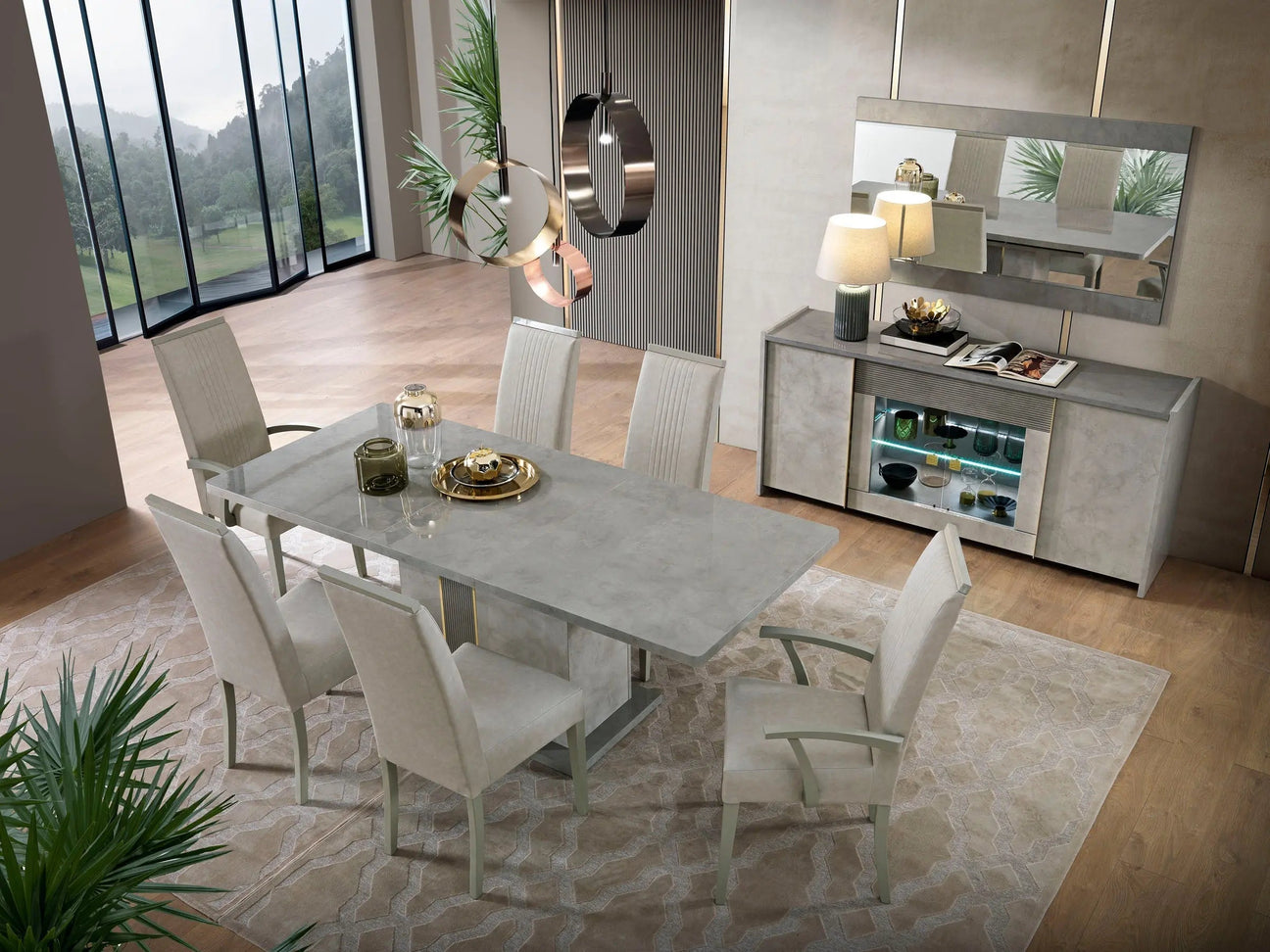 Włoska kolekcja Sole – jadalnia w stylu modern glamour, jasne meble z połyskiem i złotymi detalami