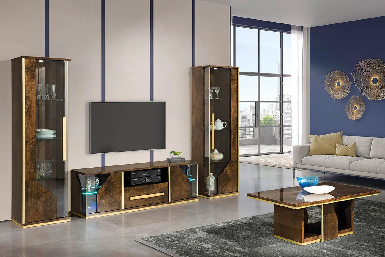 Ekskluzywna włoska kolekcja Designe bronze-gold – nowoczesny stół, krzesła, komoda i witryna glamour do salonu i jadalni