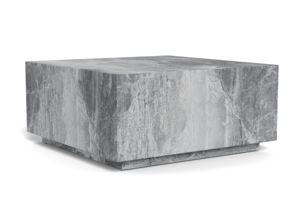 Kwadratowy stolik kawowy Dice grey marble River z podstawą typu cokół