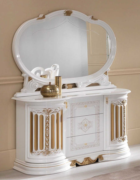 Komoda 3 szuflady – biały połysk zer złotymi zdobieniami, elegancki włoski mebel do salonu