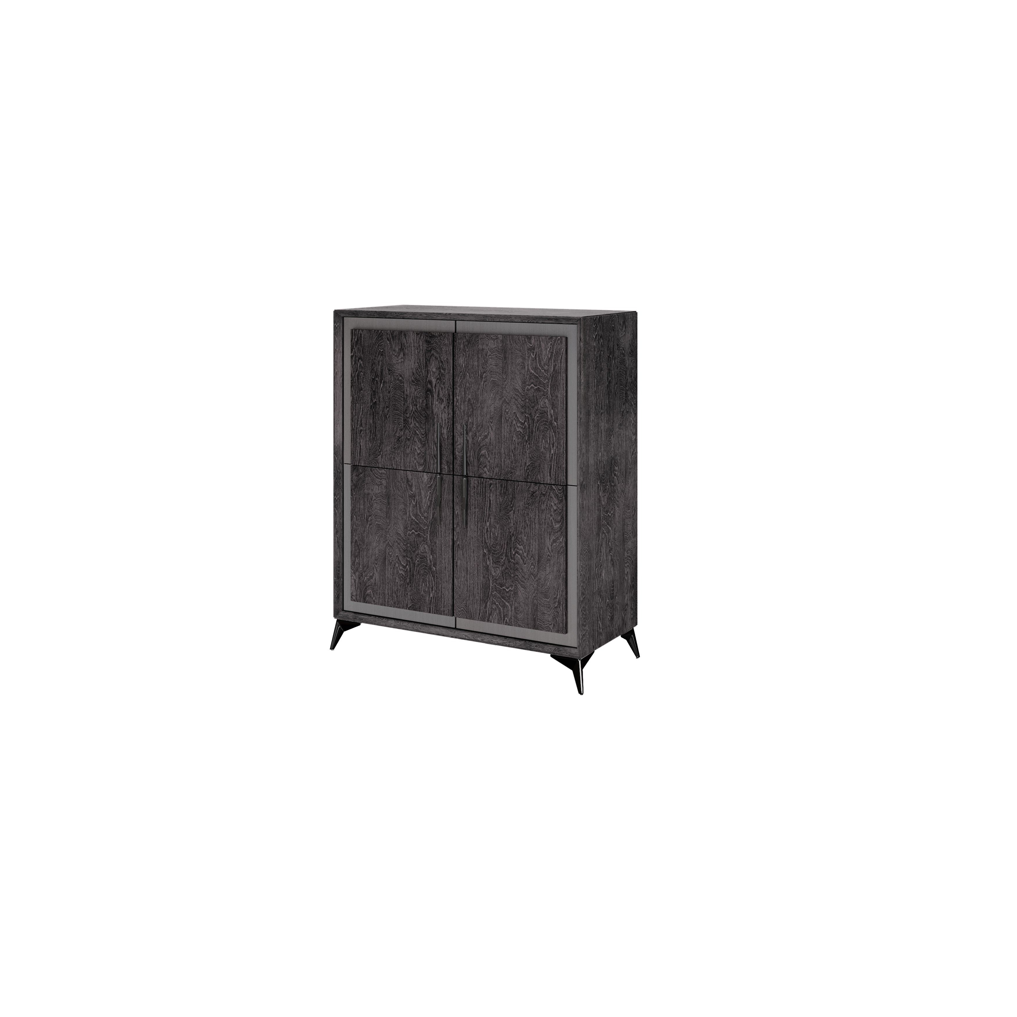 Komoda 120 cm 4-drzwiowa Krystal Grey w kolorze szary dąb z wykończeniem w wysokim połysku i metalowymi uchwytami