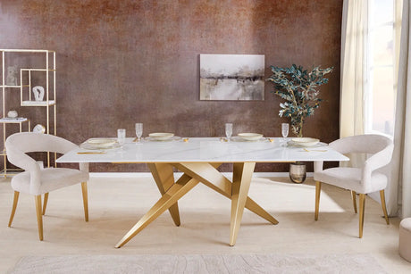 Nowoczesny stół glamour z białym ceramicznym blatem i złotą geometryczną podstawą – elegancja do jadalni i salonu