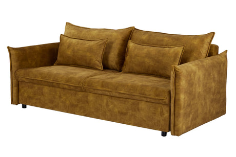 Rozkładana sofa w musztardowym aksamicie – nowoczesna i wygodna do salonu