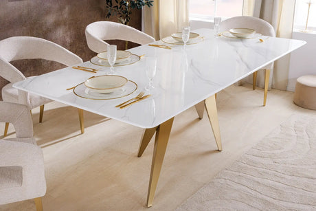 Nowoczesny stół glamour z białym ceramicznym blatem i złotą geometryczną podstawą – elegancja do jadalni i salonu