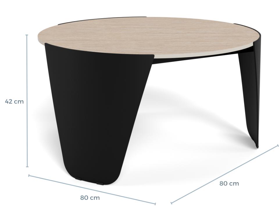 Okrągły stolik kawowy Altea z jasnobeżowym blatem ceramicznym i czarną stalową podstawą w nowoczesnym salonie - dokładne wymiary 80 na 42 cm 