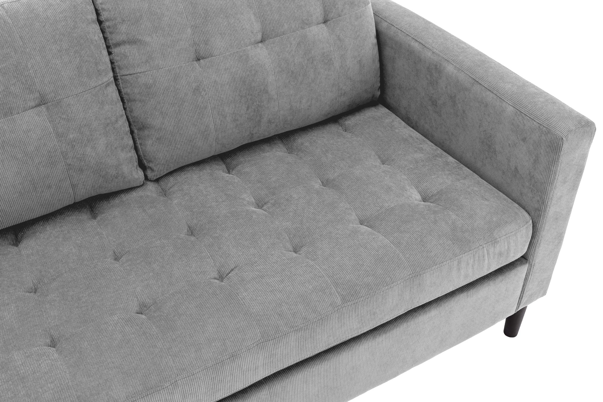 Nowoczesna sofa narożna w tkaninie cord, z otomaną lewą/prawą, tył tapicerowany, filcowe podkładki pod nogi