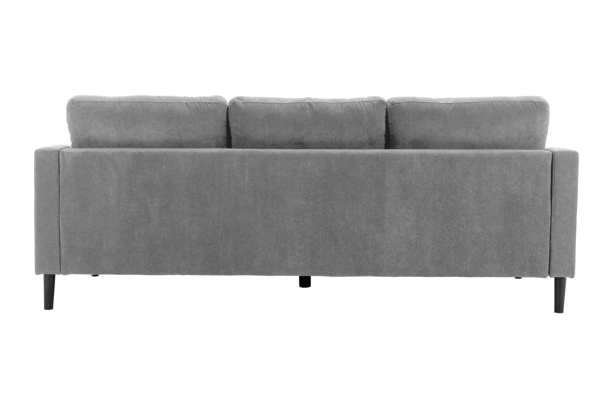 Nowoczesna sofa narożna w tkaninie cord, z otomaną lewą/prawą, tył tapicerowany, filcowe podkładki pod nogi