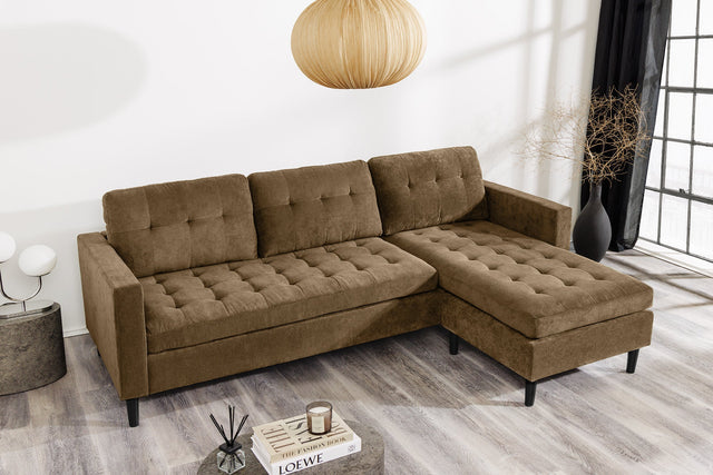Nowoczesna sofa narożna w tkaninie cord, z otomaną lewą/prawą, tył tapicerowany, filcowe podkładki pod nogi