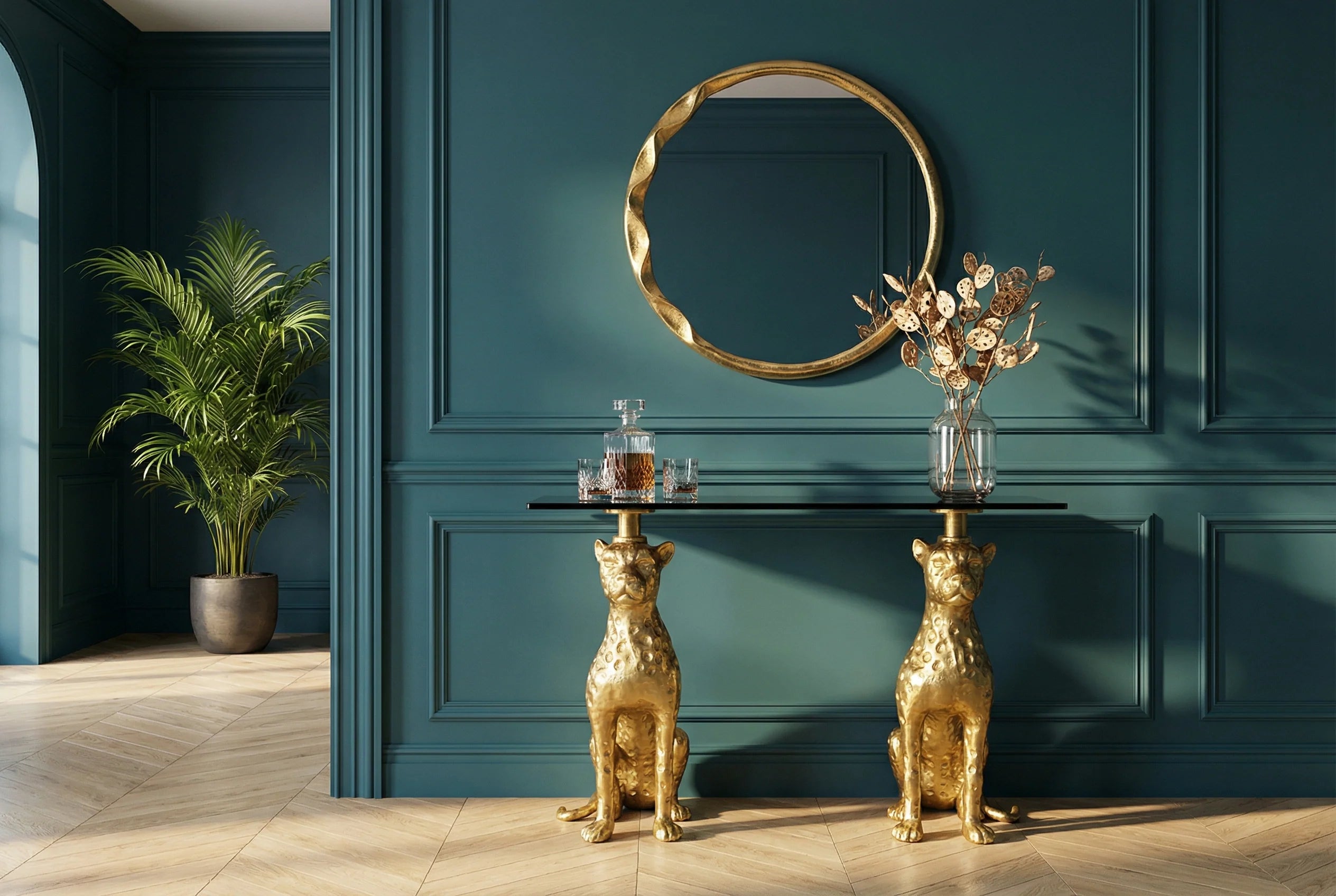 Luksusowa, nowoczesna konsola z czarnym marmurowym blatem i złotą podstawą.