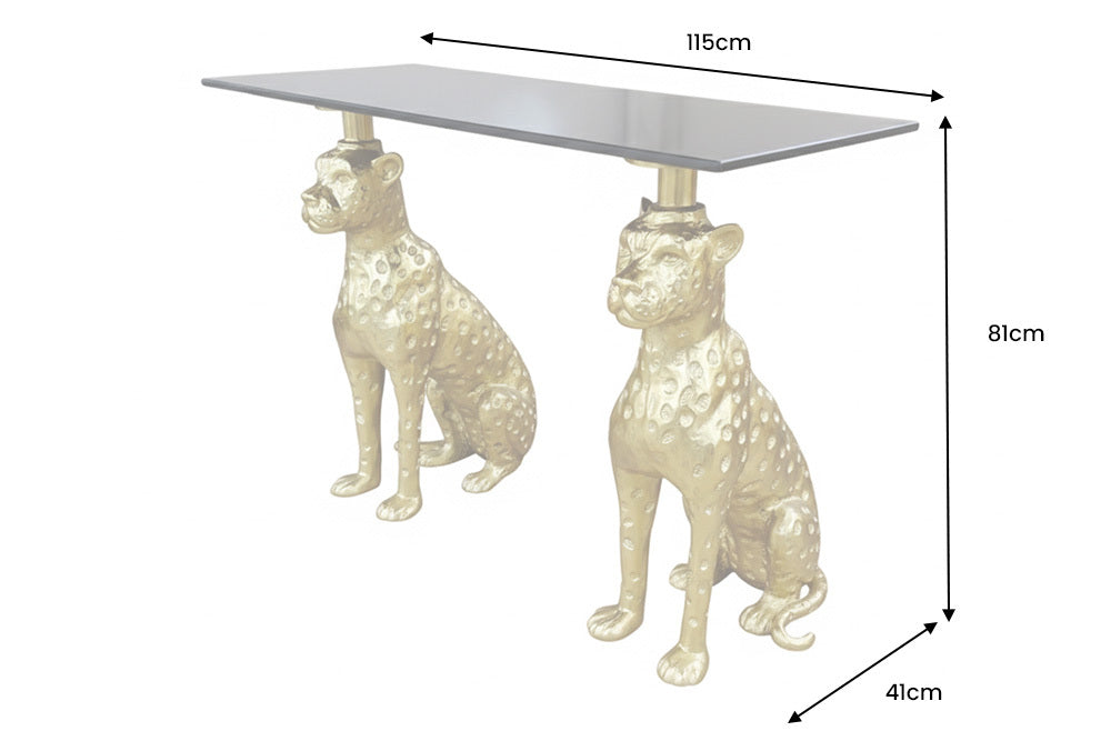 Luksusowa, nowoczesna konsola z czarnym marmurowym blatem i złotą podstawą.