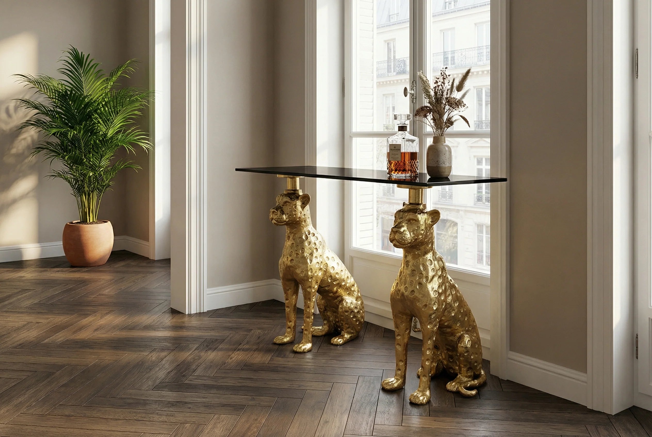 Luksusowa, nowoczesna konsola z czarnym marmurowym blatem i złotą podstawą.