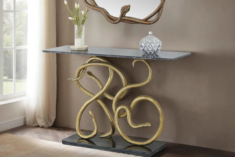 Konsola czarny marmur ze złotym stelażem w kształcie węża, luksusowy design glamour.