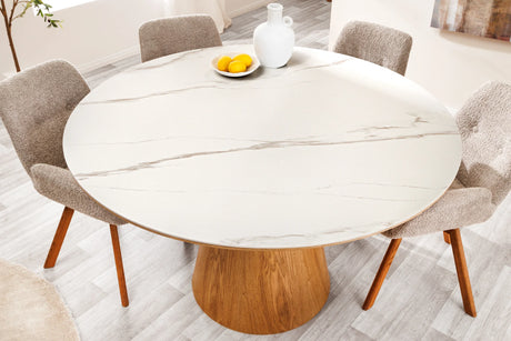 Nowoczesny okrągły stół z ceramicznym blatem i drewnianą podstawą do salonu i jadalni