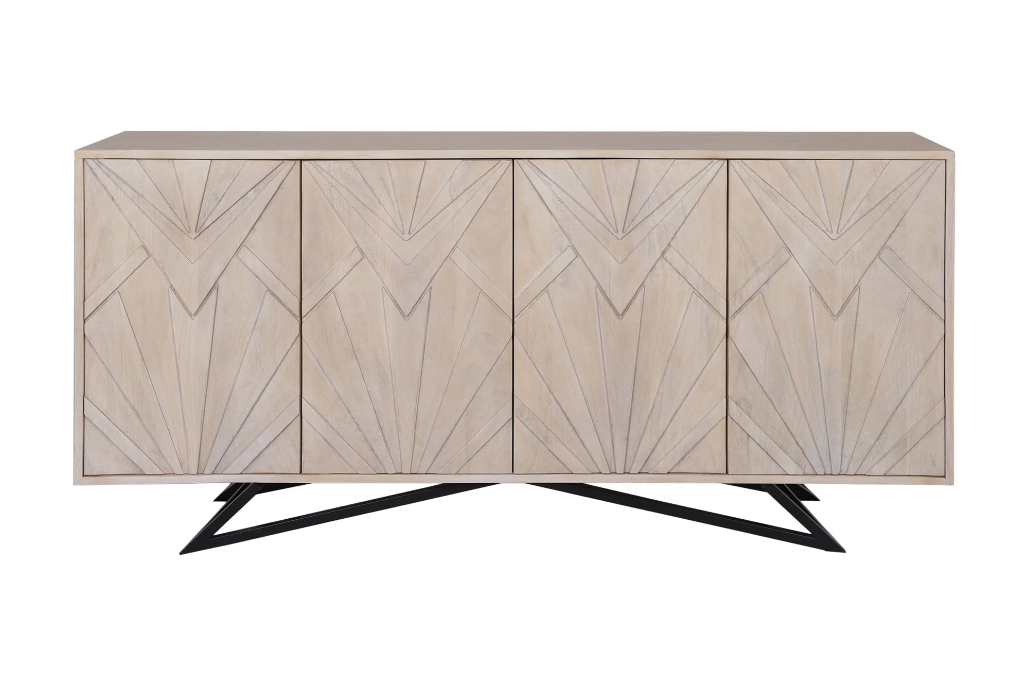 Komoda z drewna mango z rzeźbionym frontem i czarną, metalową podstawą – nowoczesny design z nutą art deco