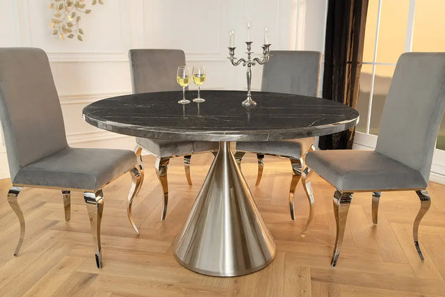 Okrągły stół 130 cm z marmurowym blatem i chromowaną stożkową podstawą – elegancki mebel glamour