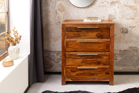 Komoda z drewna sheesham, brązowa, 4 szuflady, srebrne uchwyty