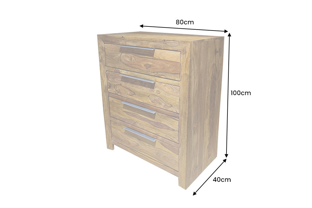 Komoda z drewna sheesham, brązowa, 4 szuflady, srebrne uchwyty
