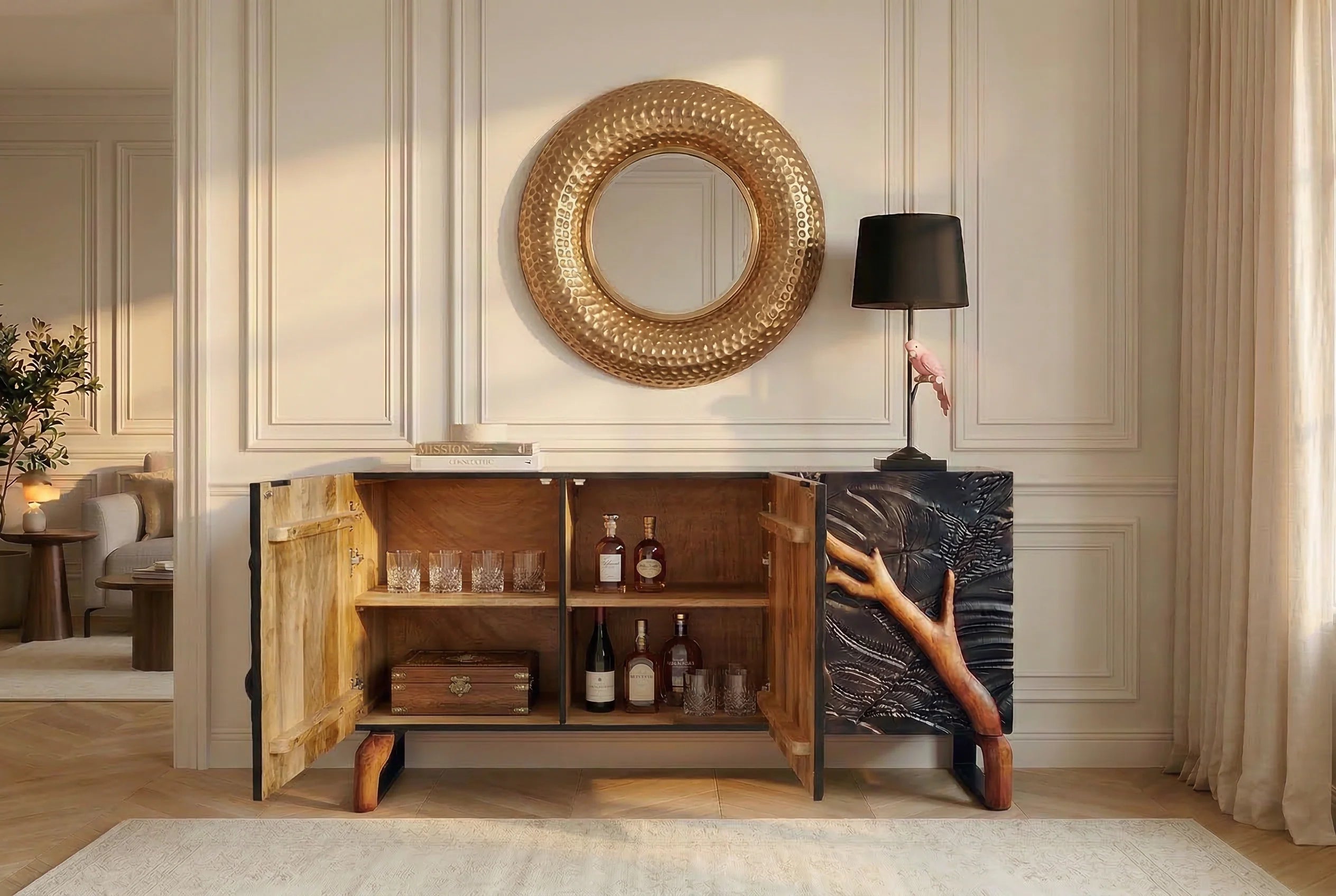 Ręcznie wykonana czarno-brązowa komoda z drewna mango z rzeźbionym frontem 3D i sześcioma przegródkami