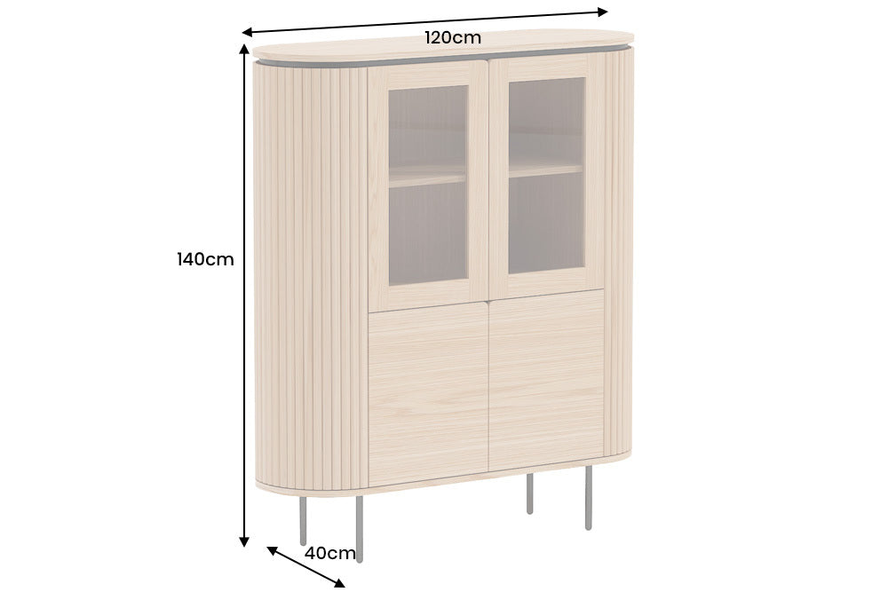 Witryna z dębowym fornirem na czarnych metalowych nogach, zaokrąglone rogi, ryflowane boki, przeszklone drzwiczki