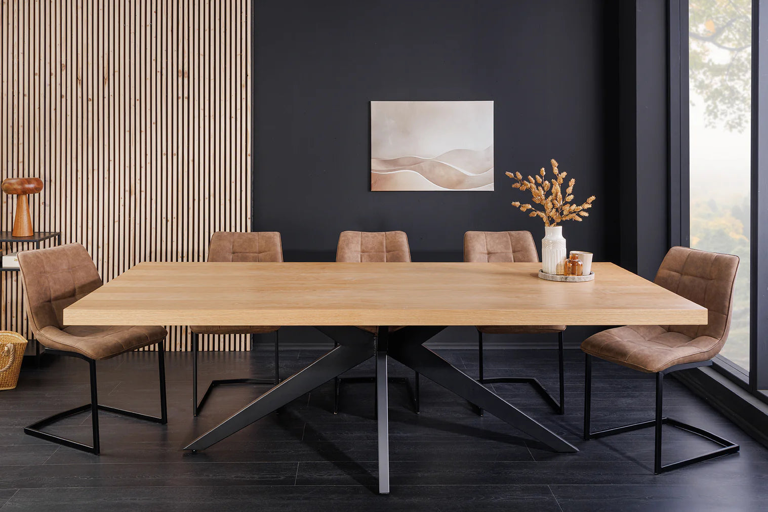 Stół blat optyka dąb, czarna metalowa podstawa w kształcie gwiazdy, styl industrialny