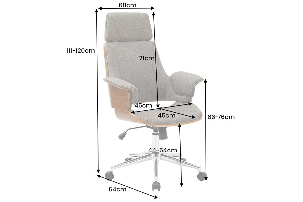 Szary fotel biurowy z chromowanym stelażem i drewnianymi akcentami orzechowymi