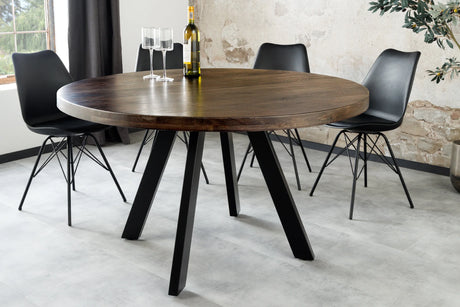 Okrągły stół z lakierowanego drewna mango brązowy na czarnych metalowych nogach malowanych proszkowo