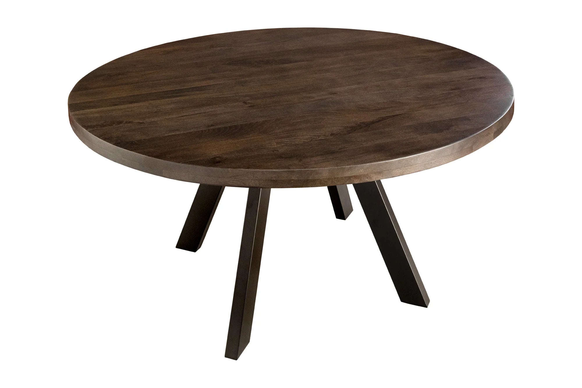 Okrągły stół z lakierowanego drewna mango brązowy na czarnych metalowych nogach malowanych proszkowo