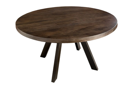 Okrągły stół z lakierowanego drewna mango brązowy na czarnych metalowych nogach malowanych proszkowo