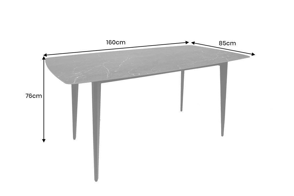 Stół do jadalni o marmurowym wykończeniu i smukłymi, czarnymi nogami elegancki design w stylu nowoczesnym.