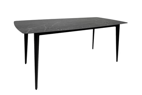 Stół do jadalni o marmurowym wykończeniu i smukłymi, czarnymi nogami elegancki design w stylu nowoczesnym.