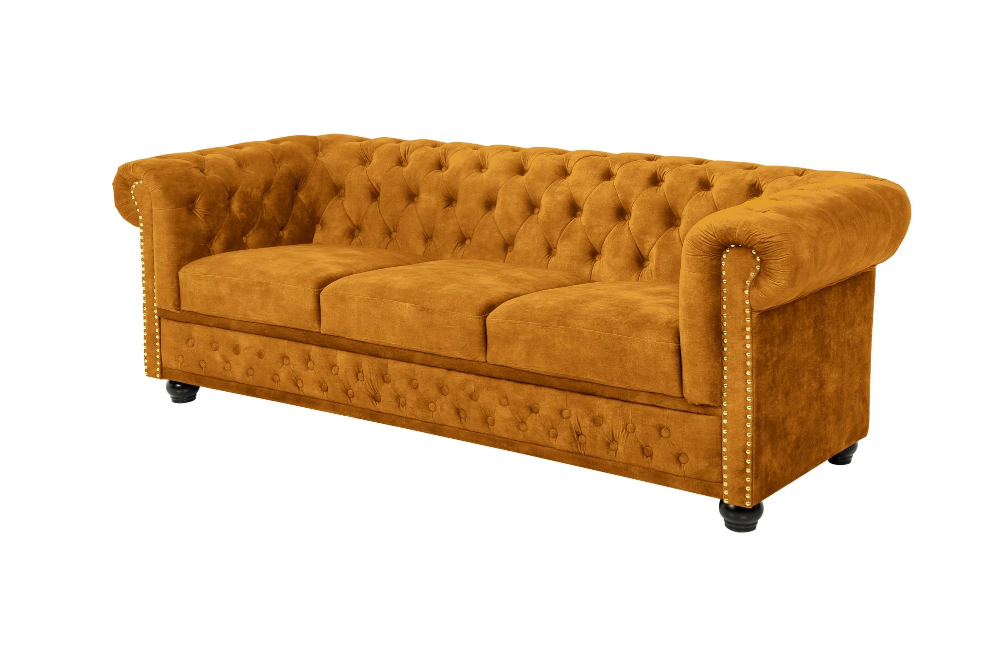 Trzyosobowa sofa Chesterfield z aksamitnym obiciem w kolorze żółtym