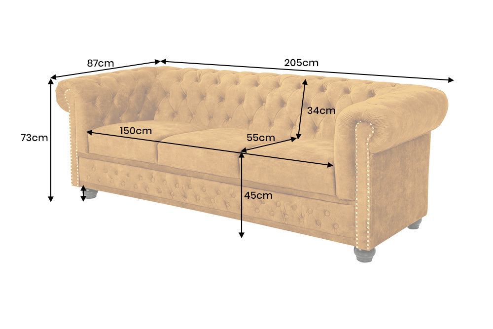 Trzyosobowa sofa Chesterfield z aksamitnym obiciem w kolorze żółtym