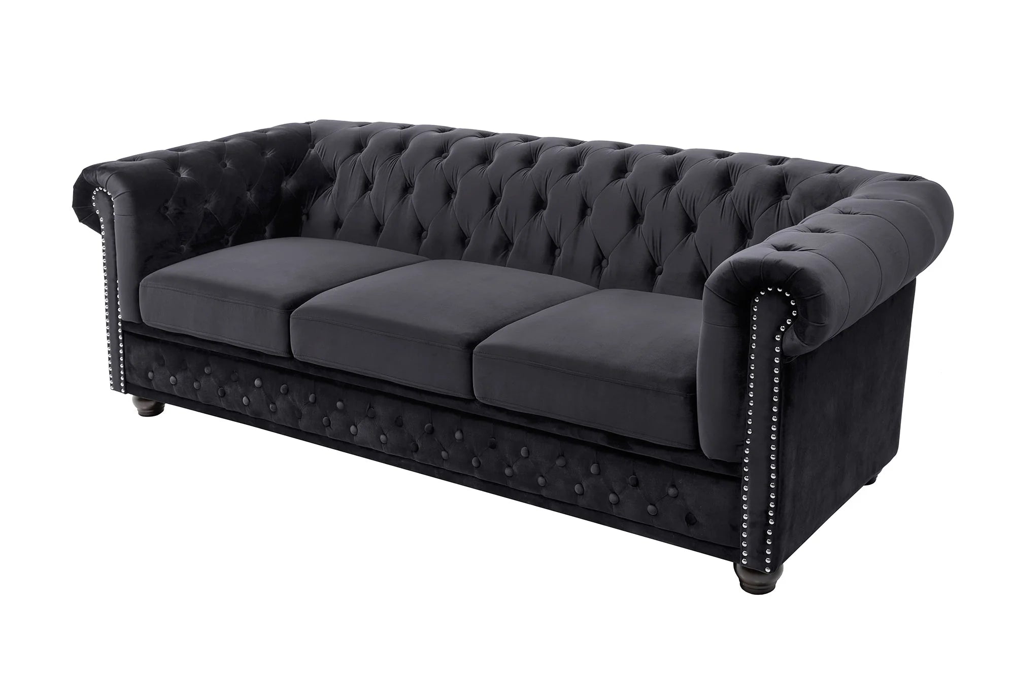 Trzyosobowa sofa Chesterfield z aksamitnym obiciem w kolorze czarnym