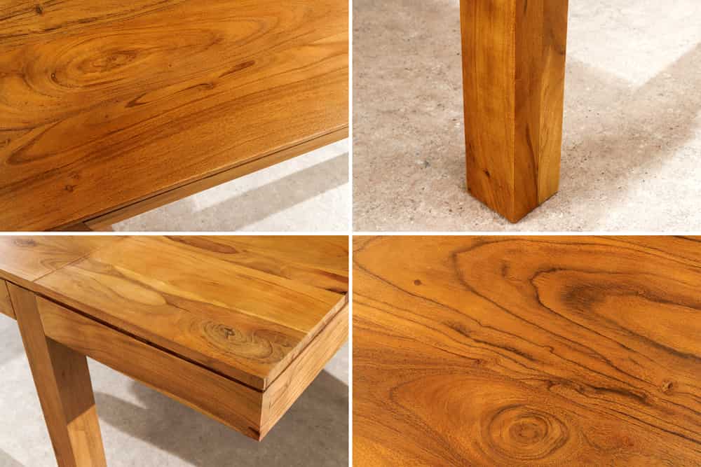 Drewniany stół do jadalni PURE rozkładany 120–200 cm z litej akacji w kolorze miodowym, z dodatkowymi blatami, model 47097 Invicta Interior.