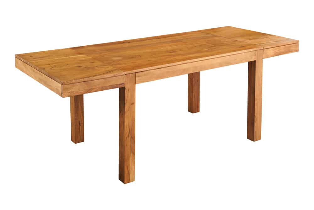 Drewniany stół do jadalni PURE rozkładany 120–200 cm z litej akacji w kolorze miodowym, z dodatkowymi blatami, model 47097 Invicta Interior.