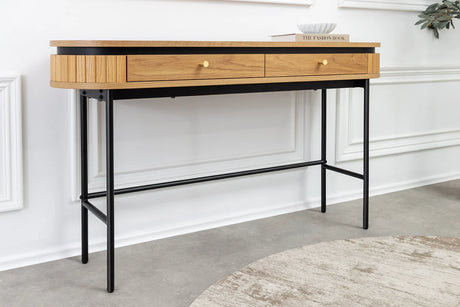 Konsola z fornirem dębowym, czarne metalowe nogi, dwie szuflady.