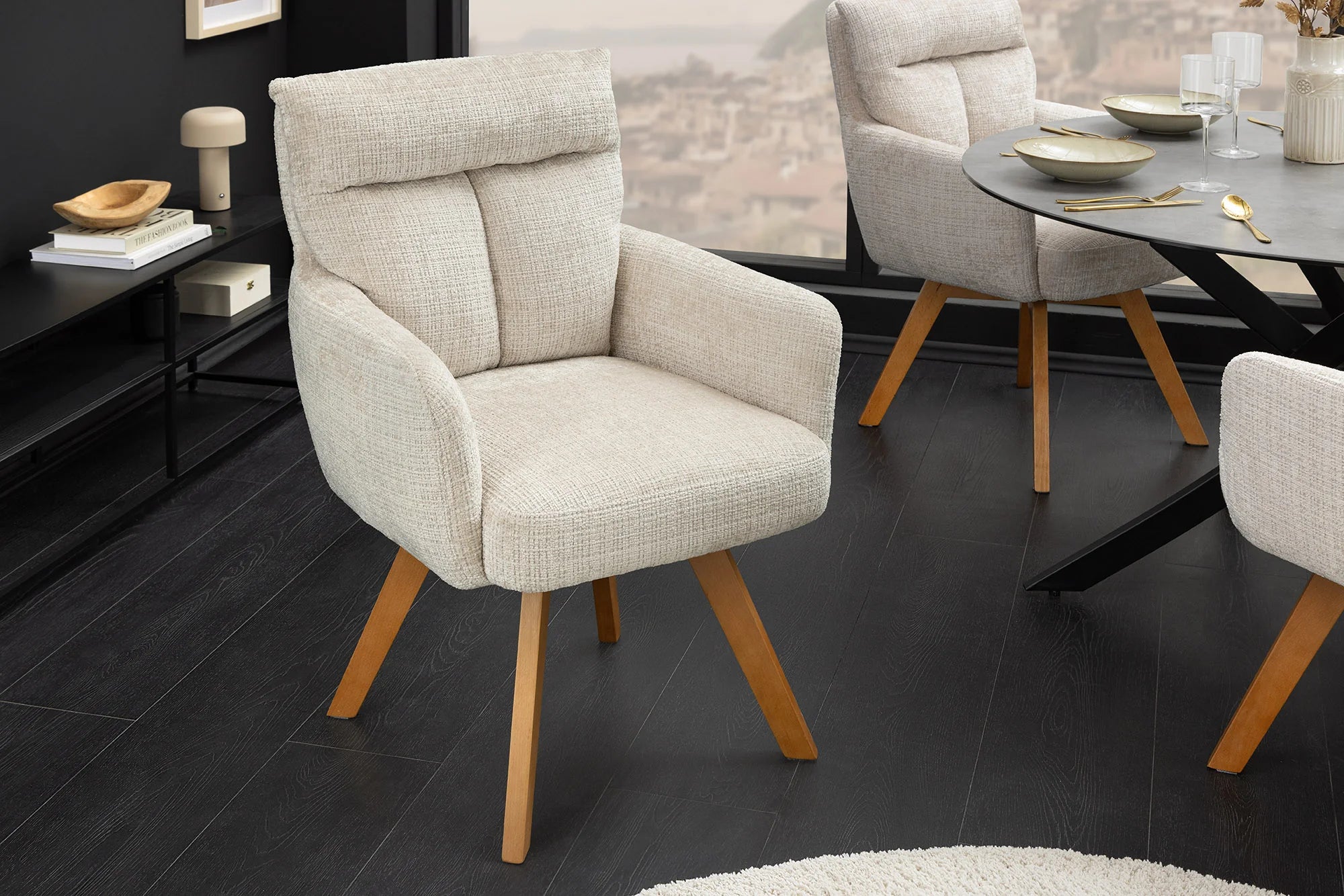 Krzesło obrotowe szenilowe z bukowymi nogami, sprężyny Bonell, obrót 360 stopni