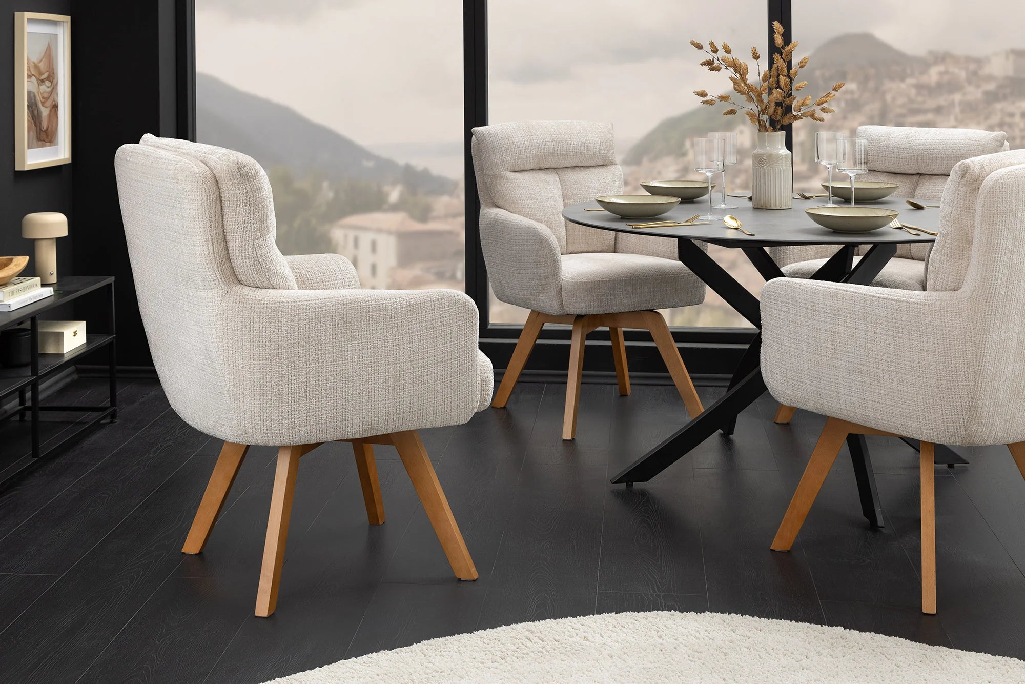 Krzesło obrotowe szenilowe z bukowymi nogami, sprężyny Bonell, obrót 360 stopni