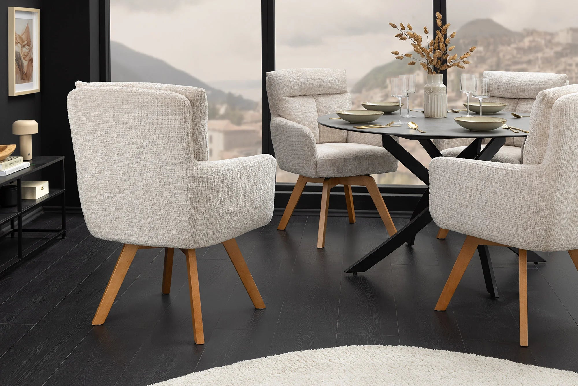 Krzesło obrotowe szenilowe z bukowymi nogami, sprężyny Bonell, obrót 360 stopni