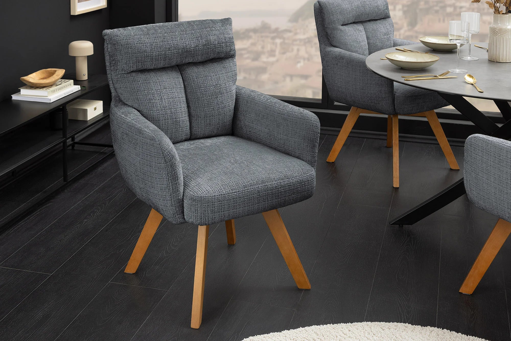 Krzesło obrotowe szenilowe z bukowymi nogami, sprężyny Bonell, obrót 360 stopni